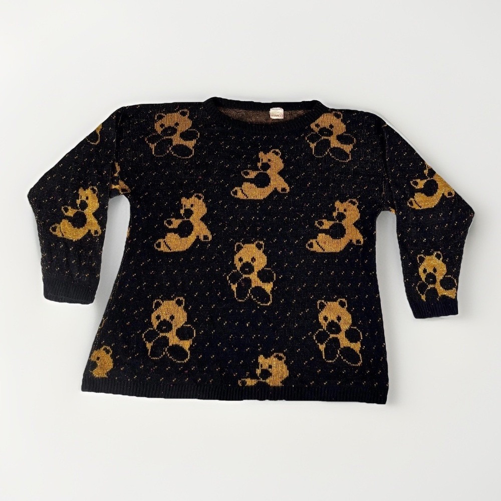 Vintage Retango Teddy Bear Sweater Womens Large Black‎ Gold Knit Maximalist